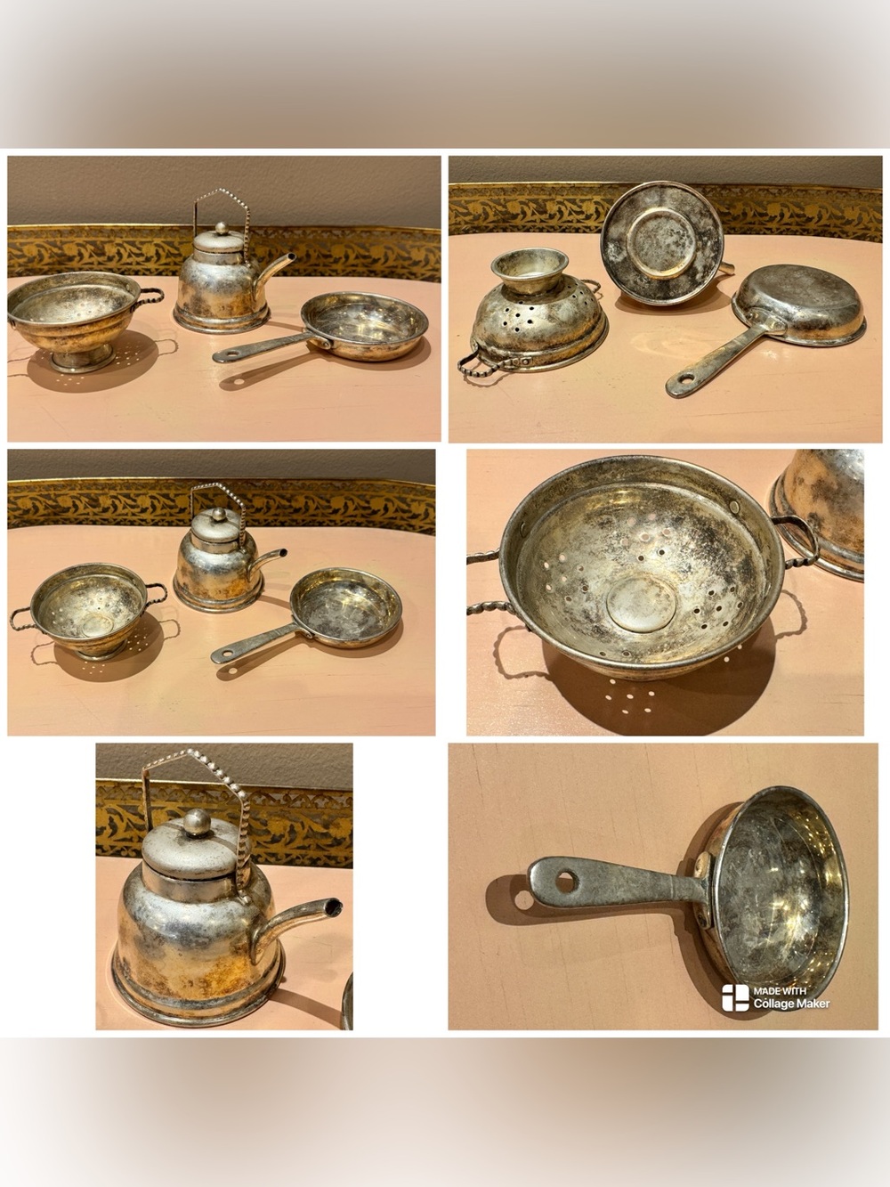 Set of 3 Vintage Silver Plate Colander Tea Kettle Fry Pan Kitchen Toy Miniatures